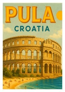Vintage travel poster of Pula, Croatia featuring the Pula Arena by the sea, beachgoers on the sand, and a warm Mediterranean sky.