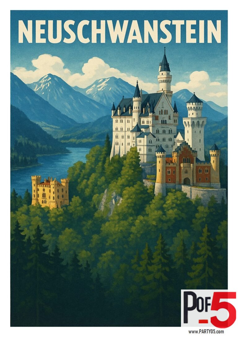 Vintage travel poster of Neuschwanstein Castle in Bavaria, Germany, with alpine mountains, forest scenery, and Hohenschwangau Castle below.