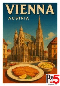"Vintage travel poster of Vienna featuring St. Stephen's Cathedral with traditional schnitzel in the foreground – Party of 5 artwork"