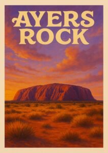 Vintage Ayers Rock poster featuring Uluru glowing at sunset in the Australian Outback with orange desert grass and purple clouds.