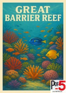Vintage Great Barrier Reef poster showing vibrant coral, tropical fish, a blue tang, orange reef fish, and a yellow angelfish underwater.