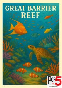 Vintage Great Barrier Reef travel poster with colorful coral, tropical fish, clownfish, and a sea turtle in a retro underwater illustration.