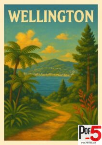 Vintage Wellington travel poster featuring coastal hills, blue water, native trees, ferns, and a winding path in a retro illustration style.