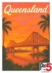 Queensland Vintage Travel Poster – Story Bridge Sunset Artwork