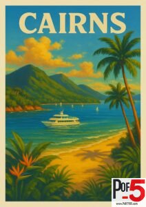 Vintage Cairns travel poster featuring tropical palm trees, turquoise water, a white tour boat, rainforest mountains, and a golden sandy beach.