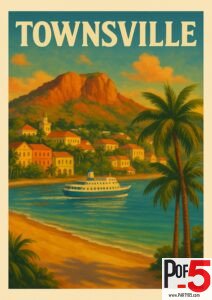 Vintage-style Townsville travel poster featuring Castle Hill, palm trees, colorful coastal buildings, and a ferry on bright turquoise water.