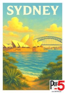 Vintage-style poster of Sydney featuring the Opera House, Harbour Bridge, blue harbor waters, and golden clouds in a warm retro travel aesthetic.