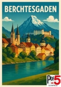 Vintage-style poster of Berchtesgaden with colorful alpine houses, church towers, a riverside view, and the Watzmann mountain rising in the background.