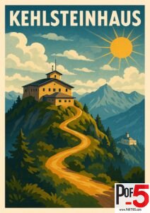 Vintage-style poster of the Kehlsteinhaus perched on a mountain ridge with a winding path, alpine peaks, forests, and a bright golden sun overhead.