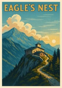 Vintage travel poster of the Eagle’s Nest perched atop a rugged Bavarian mountain ridge with alpine peaks, a winding trail, and a warm sunset sky.