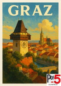 Vintage-style travel poster of Graz, Austria, featuring the famous Uhrturm clock tower, red-roofed old town, church spires, and sunset sky.