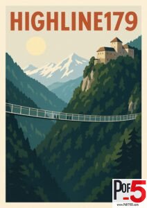 Vintage-style poster of Highline179 in Austria, showing a long suspension bridge spanning a deep alpine valley with mountains and a hilltop castle.