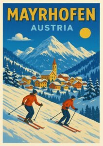 Vintage Mayrhofen ski poster showing two skiers on snowy alpine slopes with a colorful Tyrolean village and towering mountain peaks in the background.