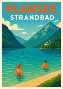 Vintage-style Plansee Strandbad poster showing swimmers in turquoise lake water, alpine mountains, forested shores, and a small lakeside chapel.