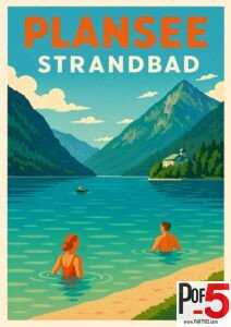 Vintage Plansee Strandbad travel poster showing swimmers in turquoise alpine waters, mountain scenery, and a lakeside chapel in Austria.