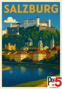 Vintage Salzburg travel poster featuring Hohensalzburg Fortress, the Old Town skyline, church domes, and the river in warm retro colors.