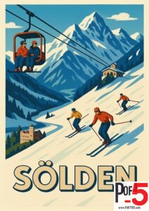 Vintage Sölden ski poster showing skiers on snowy slopes, a ski lift with riders, alpine mountains, and a mountain lodge in the Austrian Alps.