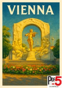 Vintage Vienna travel poster of the golden Johann Strauss monument in Stadtpark, framed by flowers, statues, and warm sunset light.