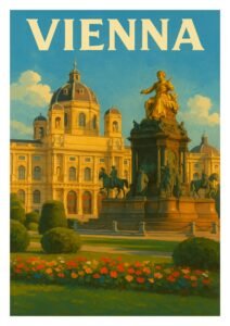 Vintage Vienna travel poster featuring the Maria Theresa Monument and the Kunsthistorisches Museum in golden evening light with gardens in front.