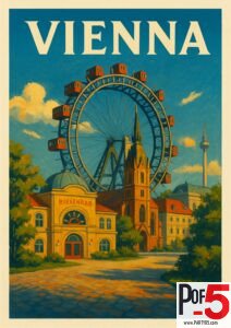 Vintage Vienna travel poster of the golden Johann Strauss monument in Stadtpark, framed by flowers, statues, and warm sunset light.