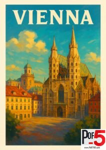 Vintage Vienna travel poster featuring St. Stephen’s Cathedral with its patterned roof, Gothic towers, and warm sunset light over the historic city.