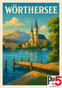 Vintage Wörthersee Austria poster featuring a lakeside wooden pier, alpine church with twin spires, blue lake reflections, and mountain backdrop.