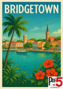 Vintage Bridgetown poster showing Caribbean waterfront, palm trees, colorful buildings, hibiscus flowers, and a small boat on turquoise water.