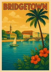 Vintage Bridgetown Barbados poster with sailboat, pastel waterfront buildings, palm tree, stone bridge, and bright hibiscus flowers by the water.