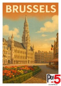 Vintage Brussels poster showing Grand Place, Town Hall tower, historic guild buildings, colorful flower beds, and a warm sunset sky.