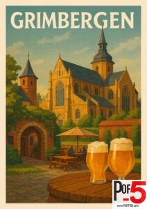 Vintage Grimbergen Abbey poster showing the historic church, courtyard seating, lush greenery, and two golden Belgian beers on a wooden barrel.