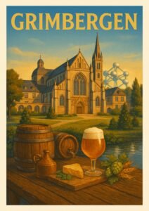 Vintage Grimbergen poster featuring the historic abbey, Atomium in the distance, wooden beer barrels, cheese, hops, and a full Belgian ale glass.