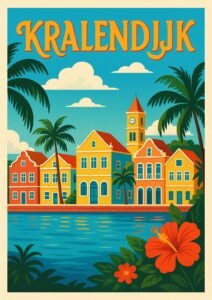 Vintage-style Kralendijk travel poster featuring colorful Dutch Caribbean buildings, palm trees, blue water, and bright tropical flowers.