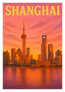 Vintage Shanghai sunrise poster featuring the Oriental Pearl Tower and modern Pudong skyline glowing in warm orange and pink light over the water.