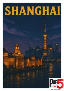 Vintage Shanghai night poster showing The Bund’s golden lights and the Oriental Pearl Tower glowing over the dark blue skyline with reflections on the river.