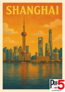 Vintage-style Shanghai travel poster showing the Pudong skyline at sunrise with the Oriental Pearl Tower, modern skyscrapers, and golden water reflections.