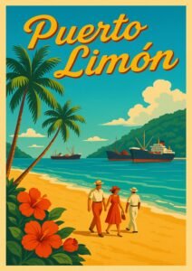 Vintage Puerto Limón travel poster featuring palm trees, hibiscus flowers, cargo ships, and elegantly dressed visitors walking along a tropical beach.