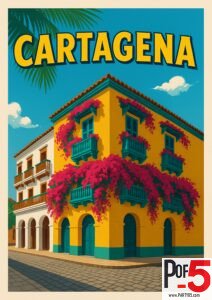 Vintage travel poster of Cartagena, Colombia showing a bright yellow colonial building with teal balconies and pink bougainvillea under a sunny blue sky.