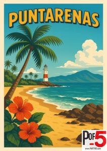 Vintage Puntarenas travel poster featuring a tropical beach, palm trees, red-and-white lighthouse, blue ocean waves, mountains, and hibiscus flowers.