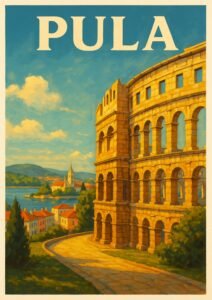 Vintage travel poster of Pula, Croatia featuring the Roman Arena with a coastal village, church tower, blue sea, and sunlit stone path.