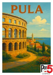 Vintage travel poster of Pula, Croatia showing the Roman Arena in warm sunlight above a coastal village with red rooftops and the Adriatic Sea.