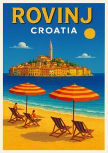 Vintage-style poster of Rovinj, Croatia showing striped beach umbrellas, sunbathers, blue Adriatic water, and the colorful old town peninsula with bell tower.