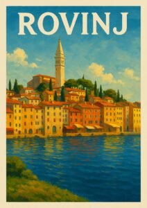 Vintage travel poster of Rovinj, Croatia featuring the Old Town’s pastel buildings, church tower, cypress trees, and Adriatic waterfront under a sunny sky.