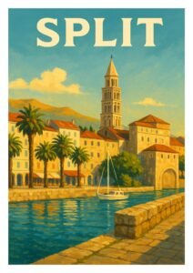 Vintage-style poster of Split, Croatia showing the harbor promenade, palm trees, stone walkway, and the iconic bell tower above the waterfront.