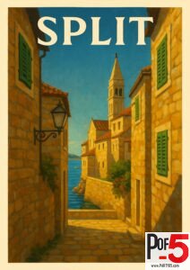 Vintage travel poster of Split, Croatia showing a sunlit Old Town stone alleyway leading to the sea, with green shutters and a historic bell tower.