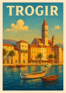 Vintage travel poster of Trogir, Croatia, featuring its historic Old Town, stone buildings, palm trees, cathedral tower, and Adriatic waterfront.