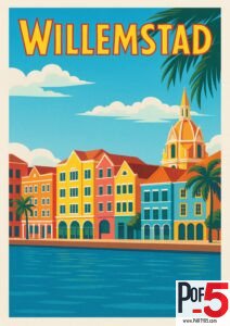 Vintage-style poster of Willemstad, Curaçao with bright Dutch Caribbean buildings, waterfront promenade, palm trees, and a blue tropical sky.