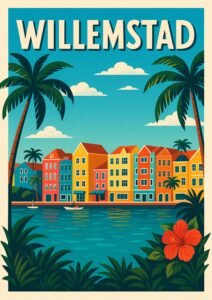 Vintage Willemstad travel poster with colorful Dutch Caribbean waterfront buildings, palm trees, turquoise water, and bright tropical skies.