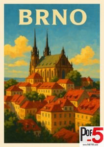 Vintage Brno travel poster showing the Cathedral of St. Peter and Paul rising above red-roofed historic houses under a bright blue sky.