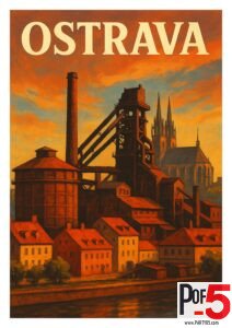 Vintage Ostrava travel poster showing the city’s iconic industrial steelworks and skyline at sunset, with cathedral spires in the background.