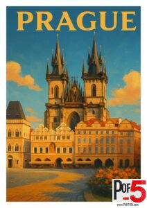 Vintage Prague travel poster featuring the Church of Our Lady before Týn rising above Old Town Square, with warm historic buildings and a blue sky.
